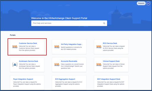 Image of the HHAeXchange Client Support Portal with the highlighted Customer Service Desk option.
